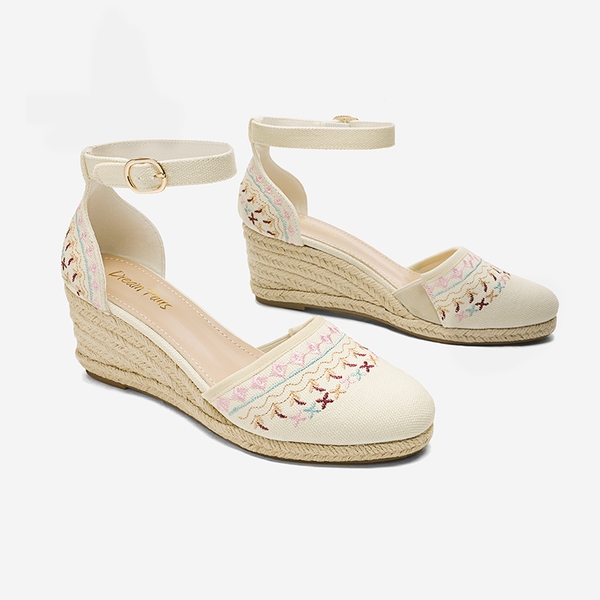 Closed Toe Espadrille Wedges - BEIGE WHITE - 3